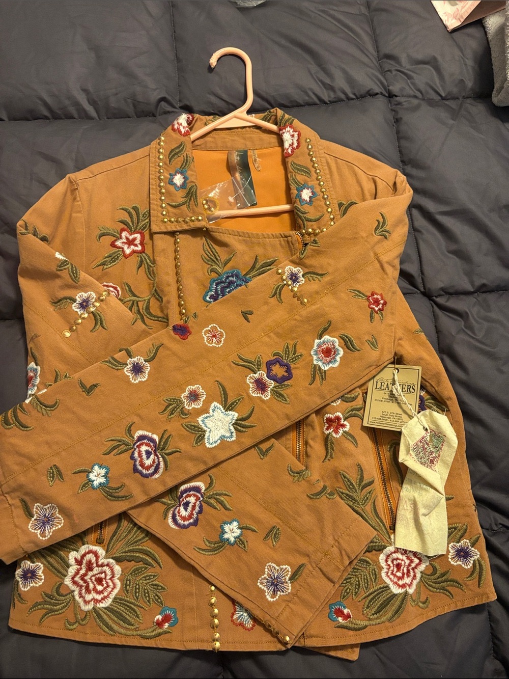 Embroidered Floral Jean Jacket in Camel - Women's Jean Coat